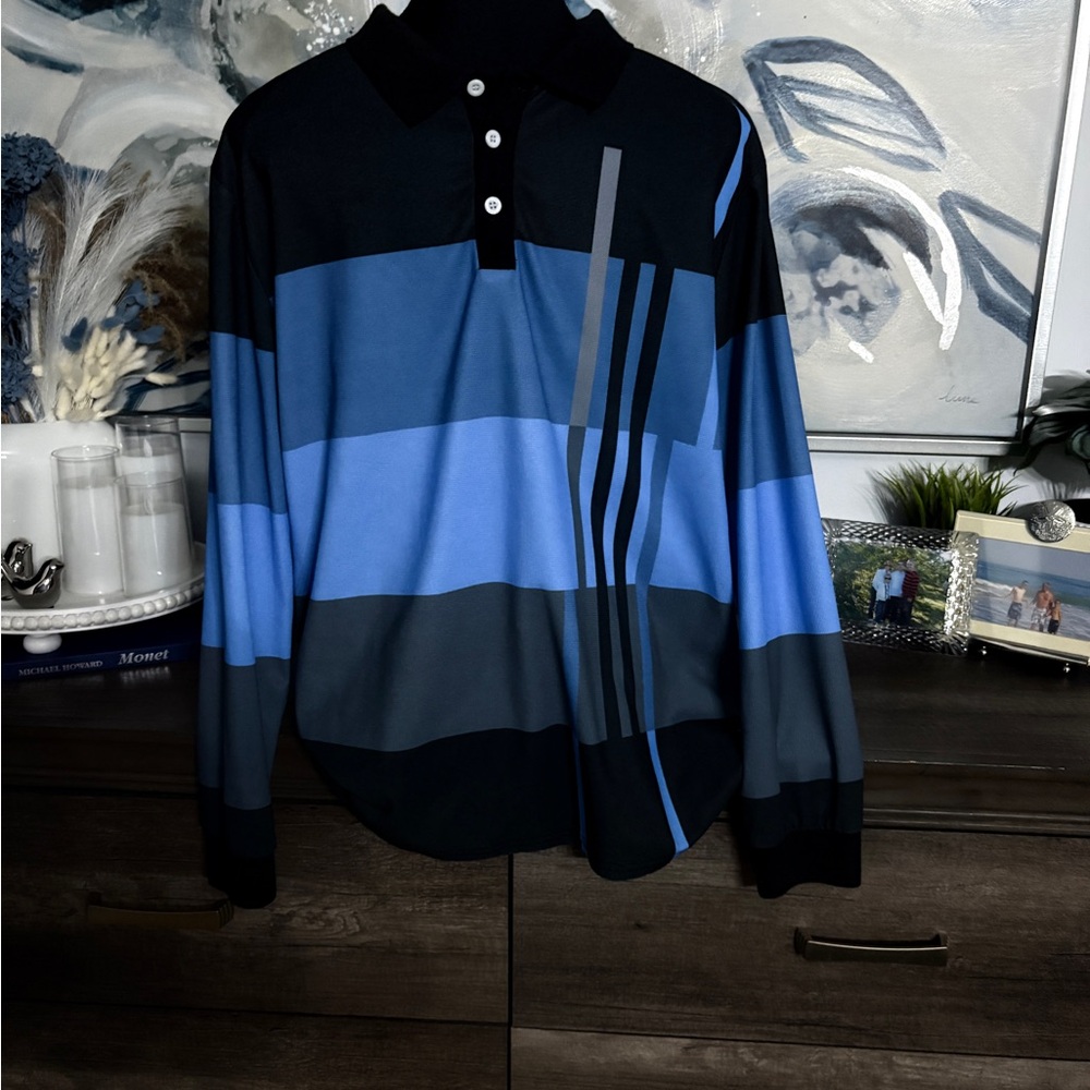 Men's Striped Polo Shirt - Blue and Black, long sleeves
